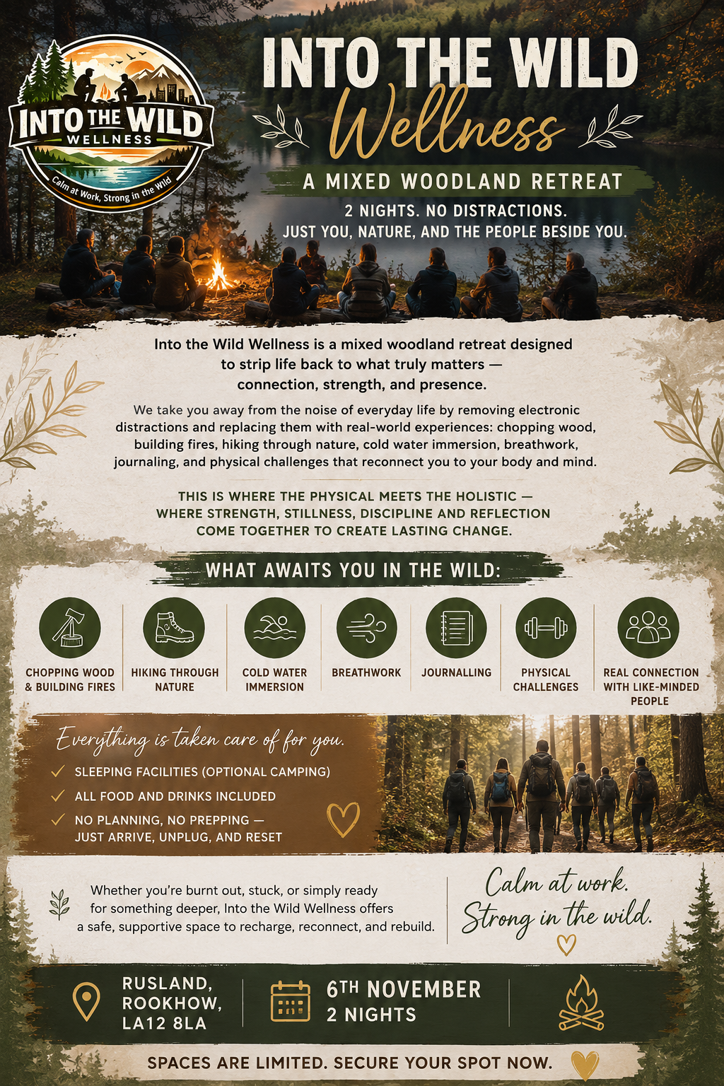 November 6th-8th | Into The Wild Mixed Retreat (Men & Women) - 2 Night Back To Basics - Women Places (bed)